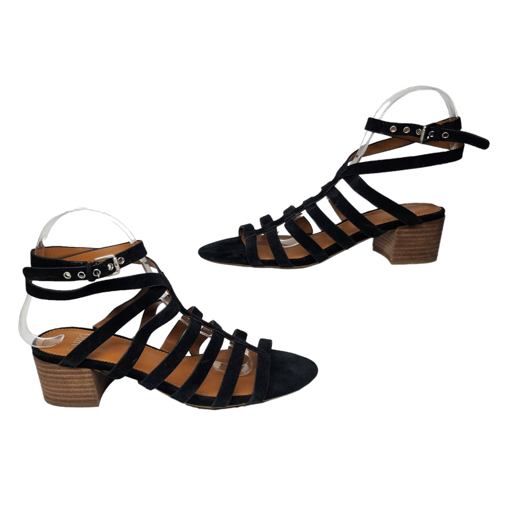 Black Caged Sandals Womens 8 Suede Leather Mules Heels Block Heel Peep Toe Shoes